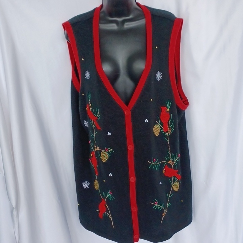 White Stag Vtg cardinal birds cardinals sweater vest black & red plus size 3x